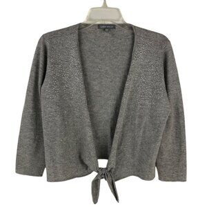 Laura Ashley Gray Wool/Cashmere Tie-Front Cardigan, Rhinestone Accents, Size 10